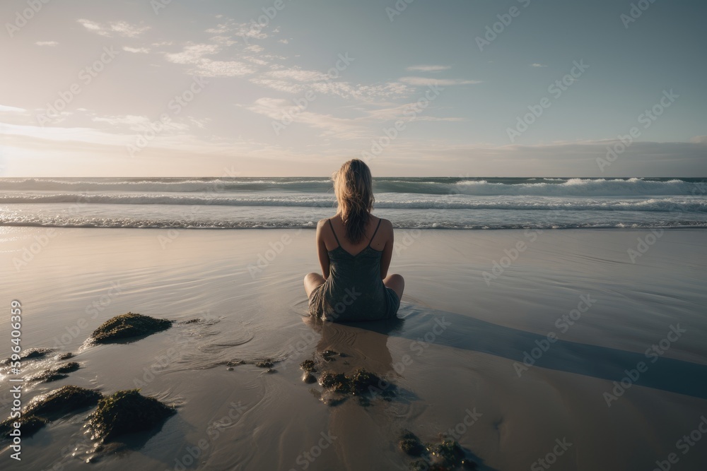 Zen woman meditating on a beach. Generative AI.