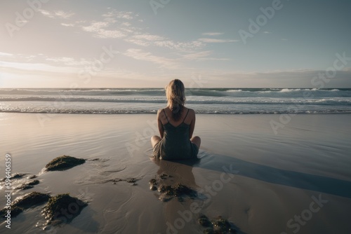 Zen woman meditating on a beach. Generative AI. © Let's-Get-Creative
