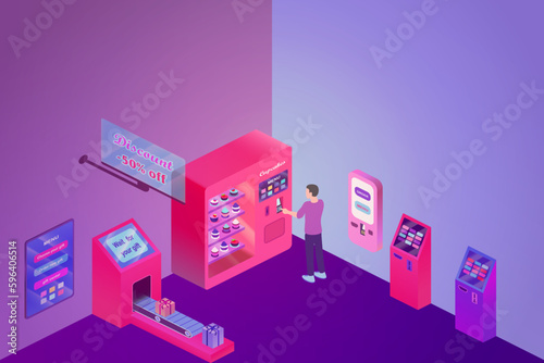 Boy ordering cupcake in a store near ATM. Flat colorful illustration.