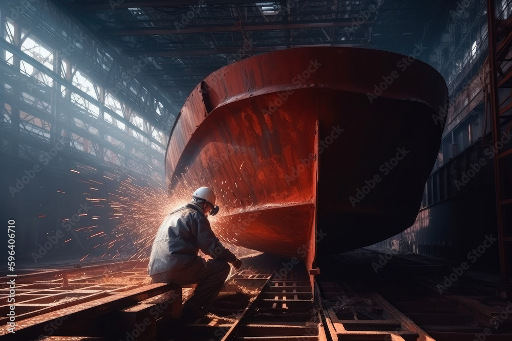 worker welds the metal hull of the ship in the shipyard , Ai generative