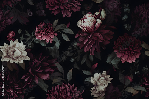 Dark seamless floral pattern, ai generative illustration