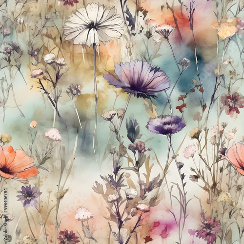 Colorful watercolor seamless floral pattern, ai generative illustration