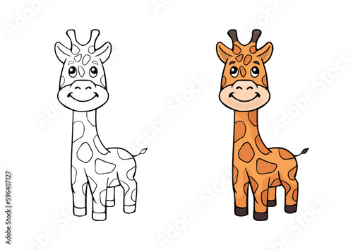Coloring page with cartoon outline giraffe. Printable art education paint colouring template for book. Vector activity drawing worksheet with cute African animals.