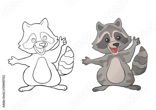Coloring page with cartoon outline raccoon. Printable education paint colouring template for book. Vector activity drawing worksheet with cute animals.