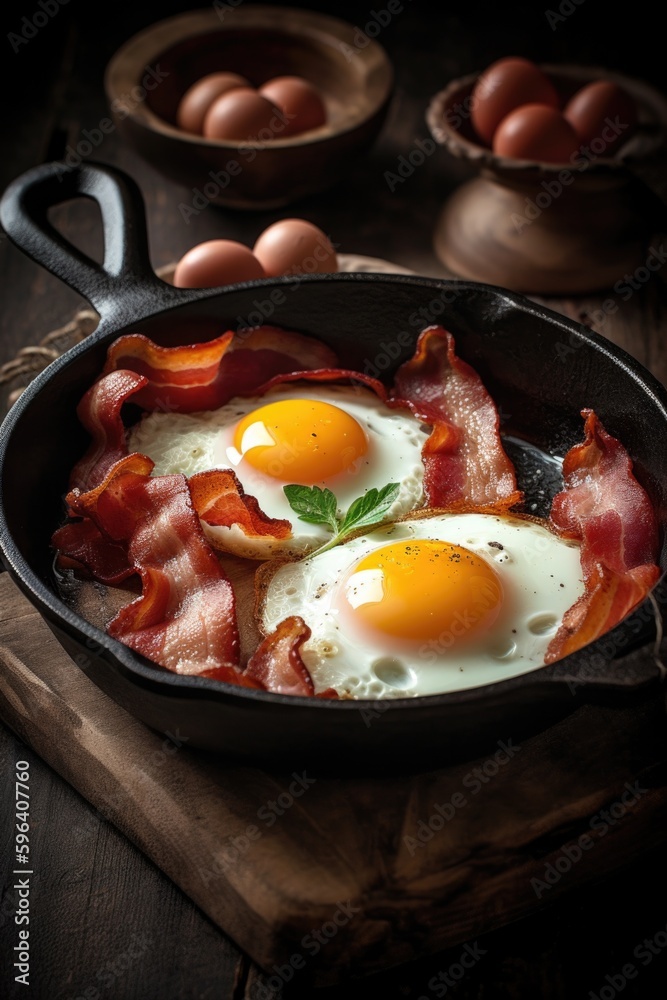 A skillet with eggs and bacon cooking in it. Fried, and crispy breakfast. The frying pan is on a dark wooden surface.generative ai A skillet with eggs and bacon cooking in it. Fried, and crispy breakfast. The frying pan is on a dark wooden surface.generative ai