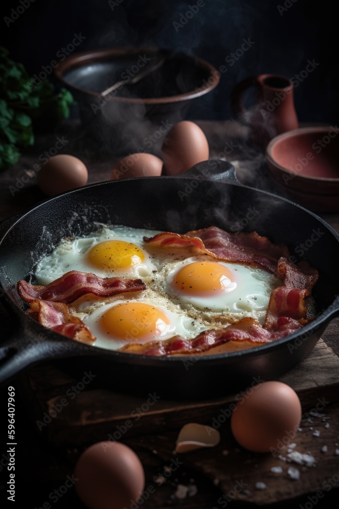 A skillet with eggs and bacon cooking in it. Fried, and crispy breakfast. The frying pan is on a dark wooden surface.generative ai A skillet with eggs and bacon cooking in it. Fried, and crispy breakfast. The frying pan is on a dark wooden surface.generative ai