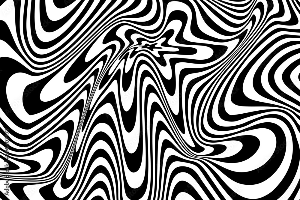 Background Hypnotic Illusion with Liquid Black and White Color. Optical Psychedelic Swirl with Monochrome Fluid Flow. Abstract Design Op Hypnosis. Vector Illustration.