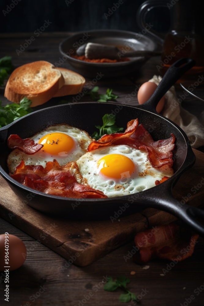 A skillet with eggs and bacon cooking in it. Fried, and crispy breakfast. The frying pan is on a dark wooden surface.generative ai A skillet with eggs and bacon cooking in it. Fried, and crispy breakfast. The frying pan is on a dark wooden surface.generative ai