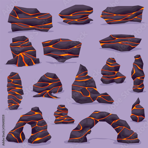 Volcano ground rock stone with lava in cracks. Lava rock with crack. Vector illustration set EPS10.