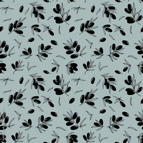 Line art hand drawn seamless pattern with black olive tree branches and leaves on paleblue white backdrop.Organical fresh vegetarian healthy food background photo