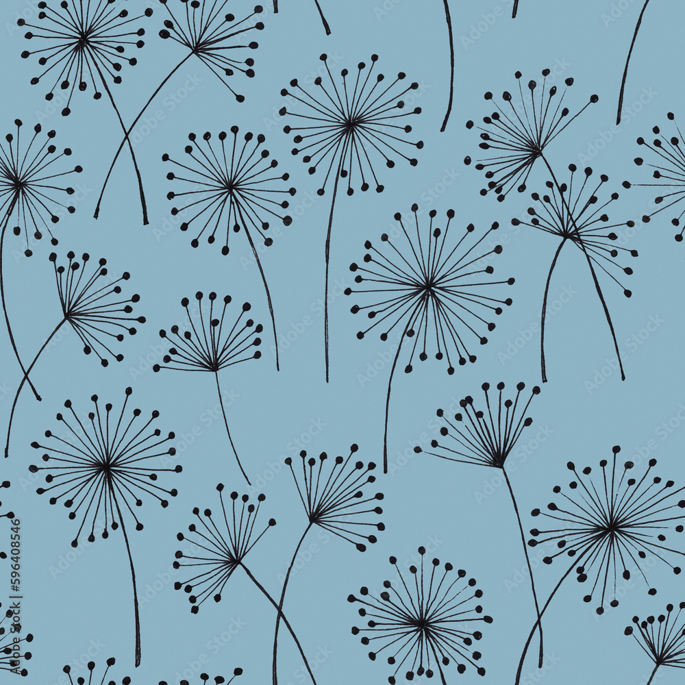 Obraz premium Hand drawn painted botanical seamless pattern with black line art dandelion. Floral minimalistic light blue background with spring summer flowers.