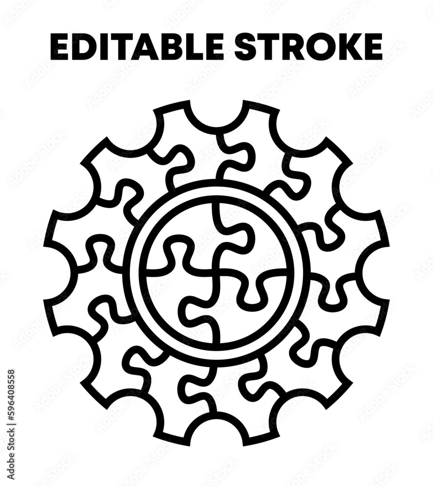 Gear puzzle pieces with circular puzzle inside. Editable stroke vector isolated on white background. Gear puzzle pieces with circular puzzle inside. Editable stroke vector isolated on white background.
