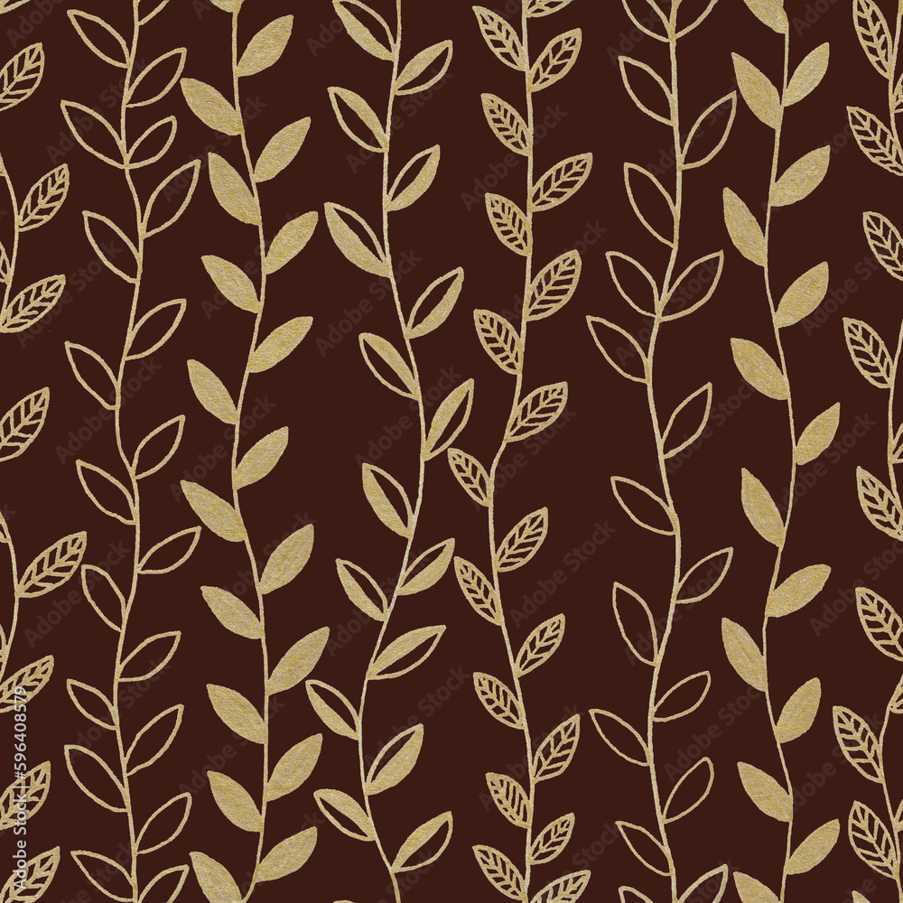 Hand drawn golden line art seamless pattern botanical vertical hanging tree branches, plants with different leaves as floral background.On brown backdrop. Hand drawn golden line art seamless pattern botanical vertical hanging tree branches, plants with different leaves as floral background.On brown backdrop.