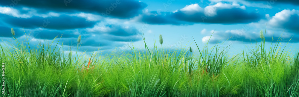 a green grassy background with clear blue skies. Generative Ai. a green grassy background with clear blue skies. Generative Ai.