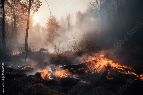 Forest fire burning brightly, urgent environmental crisis. Generative AI © Ismael