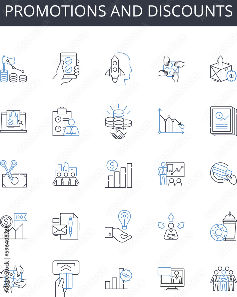 Promotions and discounts line icons collection. Sales offers, Special deals, Discount coupons, Bargain prices, Rebate programs, Coupon codes, Loyalty rewards vector and linear Generative AI