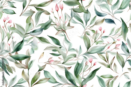 Seamless green floral pattern, ai generative illustration