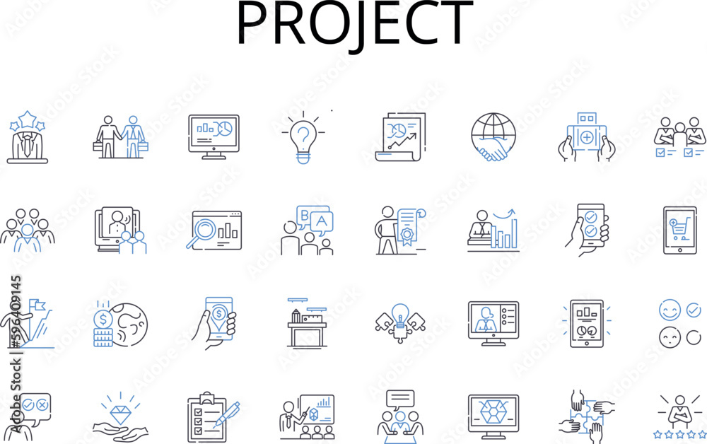 Project line icons collection. Venture, Initiative, Endeavor, Undertaking, Scheme, Assignment, Task vector and linear illustration. Enterprise,Pursuit,Mission outline signs set Generative AI Project line icons collection. Venture, Initiative, Endeavor, Undertaking, Scheme, Assignment, Task vector and linear illustration. Enterprise,Pursuit,Mission outline signs set Generative AI