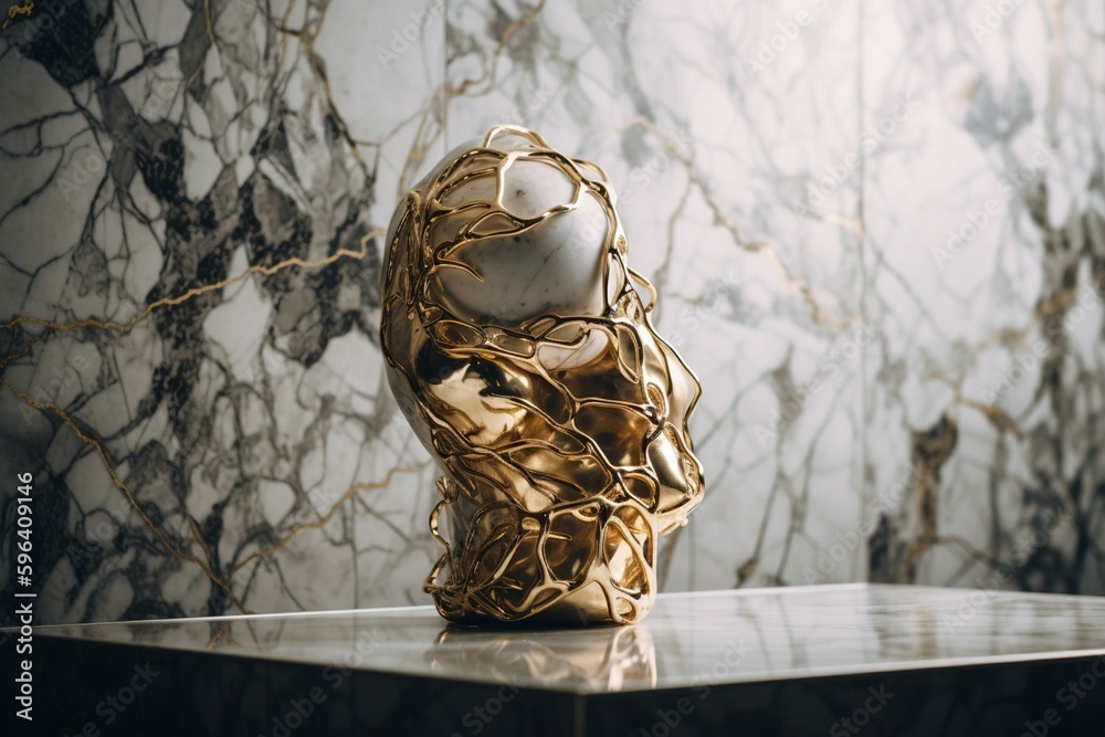 Marble wallpaper with abstract sculpture in gold for interior design