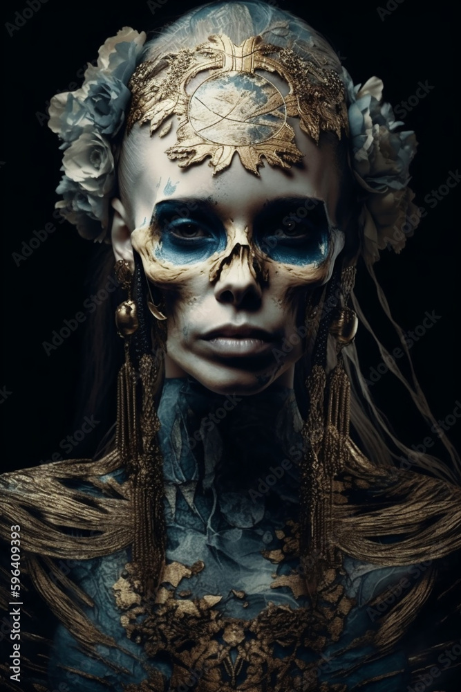 Fantasy skull make up woman portrait. Concept of beauty, death and Halloween. Generative AI painting