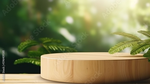 Empty wooden table for product display with a wooden podium background  banner and product advertisement mock up with plants around and greenery behind  AI generated