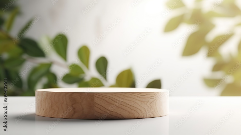 Empty table for product display with a wooden podium background, banner and product advertisement mock up with plants around and a white wall, AI generated