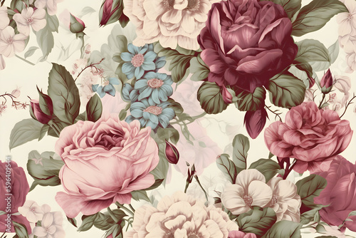 Seamless vintage pastel roses pattern, ai generative illustration