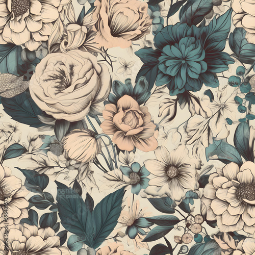 Seamless vintage pastel flower pattern, ai generative illustration