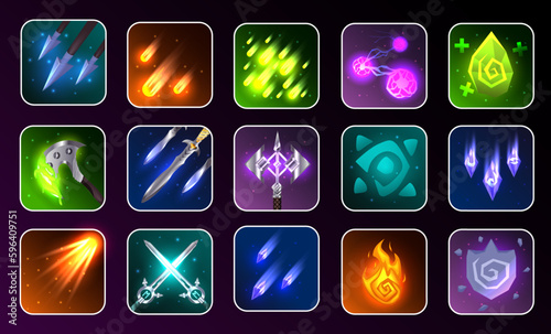 RPG game icon. Fantasy game icons of magic spells and skills. Game interface elements. Vector illustration EPS10. Skill icons