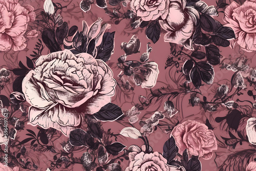 Seamless vintage retro roses pattern, ai generative illustration