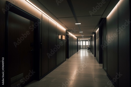 An unoccupied hallway leading to offices, dimly lit. Generative AI