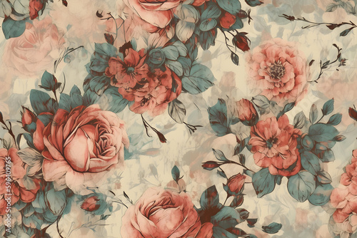 Seamless vintage roses pastel pattern, ai generative illustration