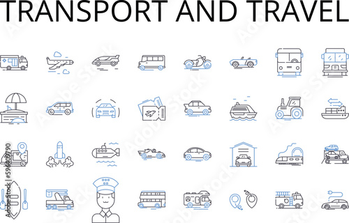 Transport and travel line icons collection. Commute, Voyage, Mobility, Pilgrimage, Transfer, Excursion, Expedition vector and linear illustration. Trek,Passage,Cruise outline signs set Generative AI