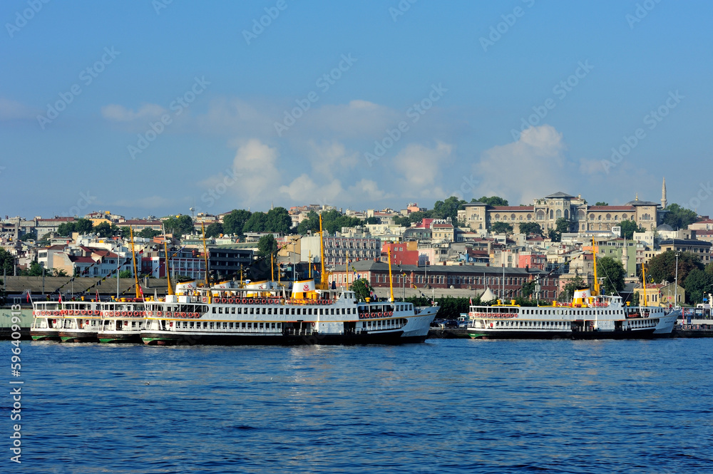 steamer port in istanbul, with panoromic view of istanbul 