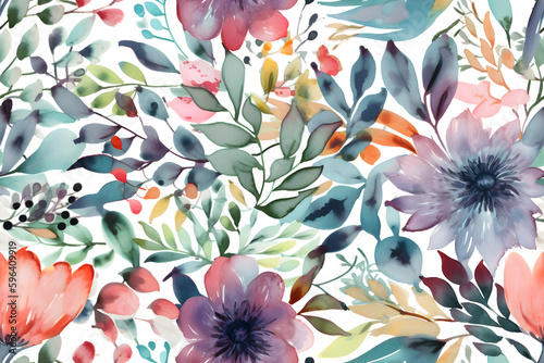 Seamless watercolor beautiful floral pattern, ai generative illustration