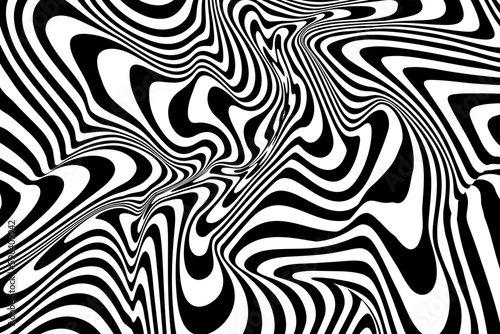 Backdrop Hypnotic Illusion with Liquid Black and White Color. Optical Psychedelic Swirl with Monochrome Fluid Flow. Abstract Design Op Hypnosis. Vector Illustration.