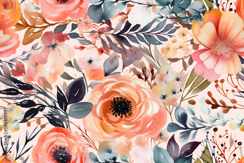 Seamless watercolor floral pattern, ai generative illustration