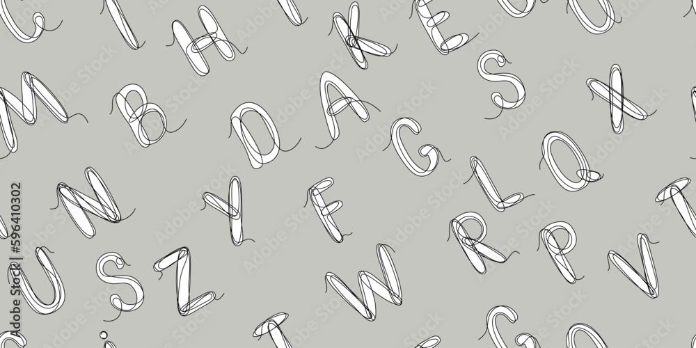 Seamless pattern with black and white alphabet background elements, in doodle style. Line art. Design template for wallpaper, wrapping, fabric, textile, web, banner, poster Seamless pattern with black and white alphabet background elements, in doodle style. Line art. Design template for wallpaper, wrapping, fabric, textile, web, banner, poster