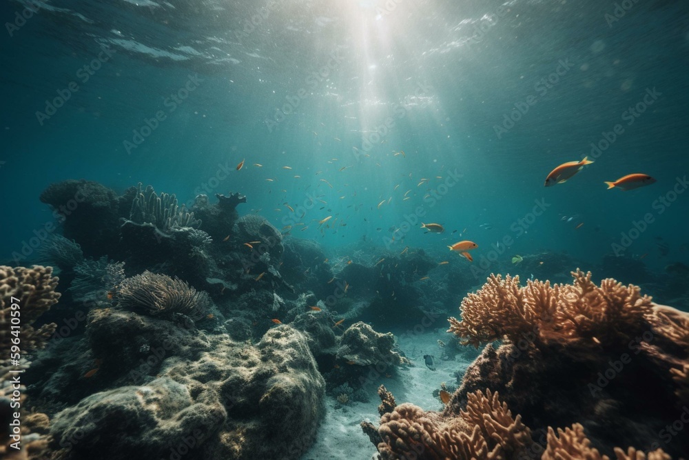 Beautiful underwater scene with fish, coral reef, and clear blue water. Generative AI