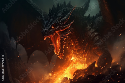 Fire breaths explode from a giant dragon in a black night, the epic battle evil concept art. ai generative