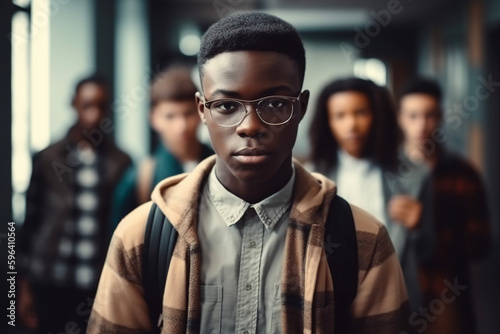 Portrait of african student wearing spectacles standing in library. AI