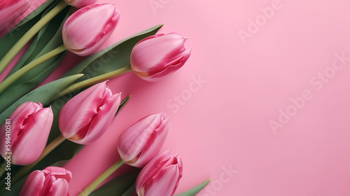 Bouquet of pink tulips on pink background. Mothers day  Valentines Day  Birthday celebration concept. greeting card. Copy space for text  top view. ai generative
