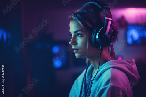 Female gamer or streamer with headphones. AI © Oleksandr Blishch