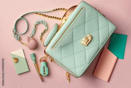 Fashion woman accessories on pastel background. Stylish hand bag, cosmetics, jewelry and notebook, top view, flat lay