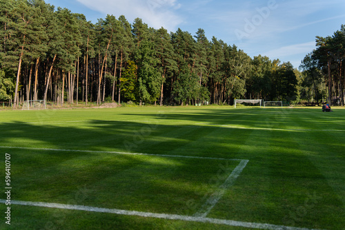 Local football. Soccer grass field near a pine forest, outdoor game.