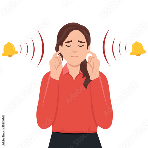 Woman with closed eyes is plugging her ears with fingers when suffering from tinnitus. Red bells as symbol of unbearable ringing in ears. Concept of diseases of hearing organs or neurology problems