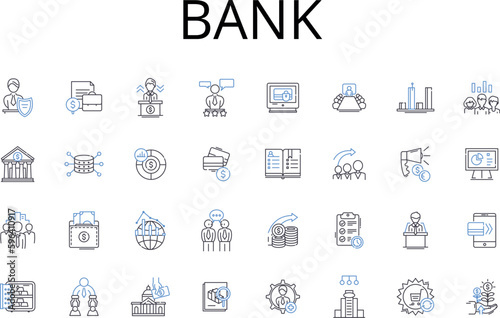 Bank line icons collection. Financial institution, My lender, Credit union, Savings and loan, Thrift bank, Investment company, Brokerage firm vector and linear illustration. Trust Generative AI