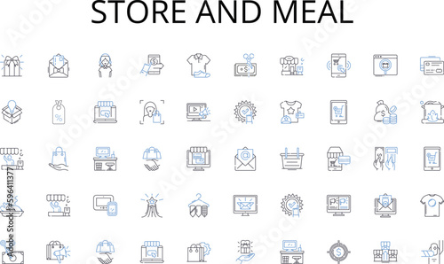 Store and meal line icons collection. Food, Cuisine, Delicacies, Gastronomy, Snacks, Desserts, Beverages vector and linear illustration. Appetizers,Treats,Nourishment outline signs set Generative AI photo