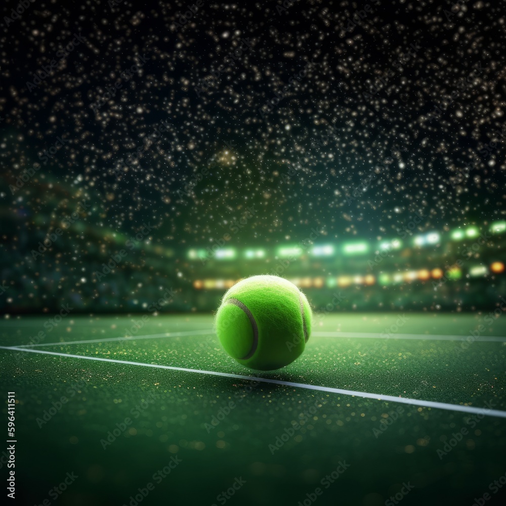 Tennis ball with diffuse background of a tennis Court  and glowing small stars. Made with Generative AI.
