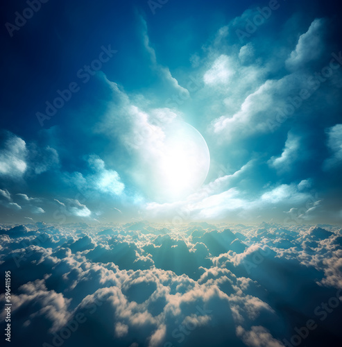 A beautiful sky full of blue and white clouds and sun. Generative, ai